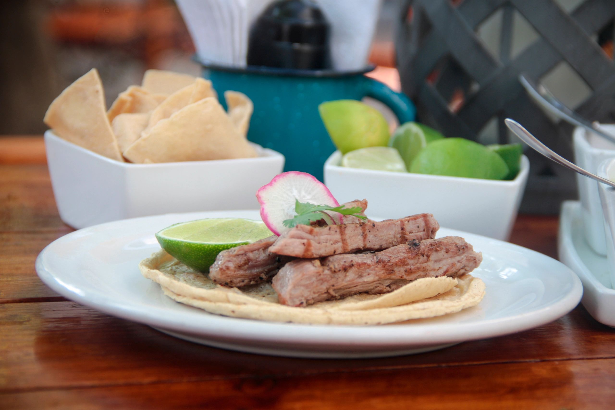 Gourmet arrachera taco plated with cilantro radish and lime